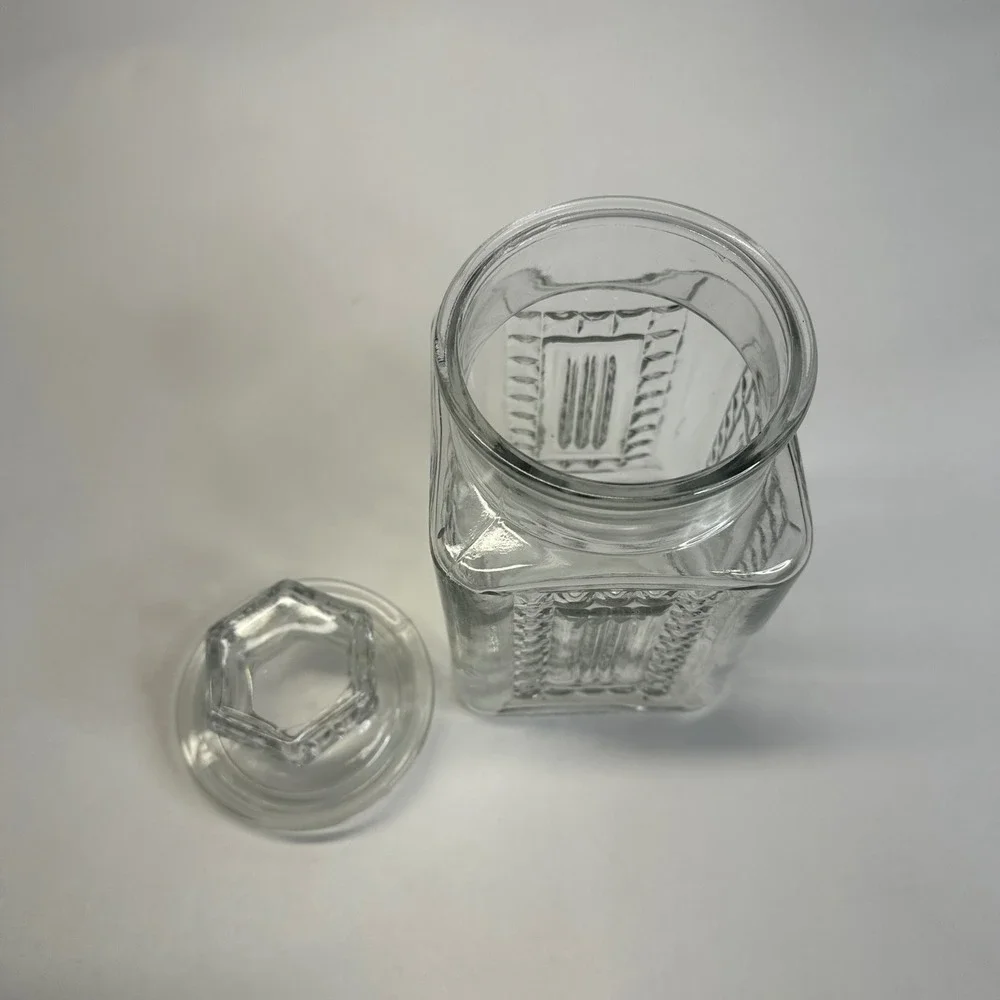 Vintage Clear Glass Square Apothecary Jar with Hexagonal Lid Embossed Detail